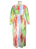 Spring Plus Size Colorful Print Round Neck Long Sleeve Crop Top And Long Skirt Two Piece Set