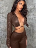 Winter Sexy Brown Pu Leather Bandage Long Sleeve Crop Top And Pant Wholesale Womens 2 Piece Sets