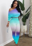 Spring Sexy Tie Dye Print Sloping Shoulder Long Sleeve Crop Top And Pant Wholesale 2 Piece Outfits