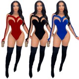 Women Summer Red Velvet and Mesh Patch Long Sleeve Sexy Jumpsuit