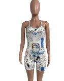 Women Summer White Printed Sexy Backless Tight Fitting Strap Rompers