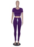 Women Summer Purple Tight Fitting Crop Top and Pants Casual Two Piece Set