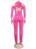 Women Spring Rose Lace-Up Hoody Crop Top and Stacked Pants Two Piece Set