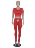 Women Summer Red Tight Fitting Crop Top and Pants Casual Two Piece Set