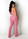 Women Summer Pink Halter Strings Crop Top and Pants Two Piece Set