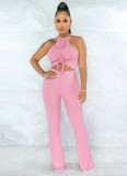 Women Summer Pink Halter Strings Crop Top and Pants Two Piece Set