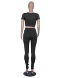Women Summer Black Tight Fitting Crop Top and Pants Casual Two Piece Set