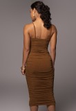 Women Summer Brown Sexy Pleated Strap Midi Party Dress