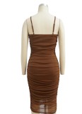 Women Summer Brown Sexy Pleated Strap Midi Party Dress
