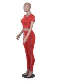 Women Summer Red Tight Fitting Crop Top and Pants Casual Two Piece Set