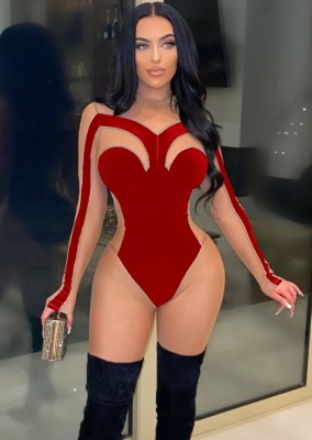 Women Summer Red Velvet and Mesh Patch Long Sleeve Sexy Jumpsuit