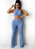 Women Summer Blue Halter Strings Crop Top and Pants Two Piece Set