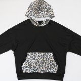 Women Spring Black Leopard Print Hoody Top and Shorts Casual Two Piece Set