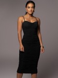 Women Summer Black Sexy Pleated Strap Midi Party Dress