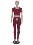 Women Summer Burgunry Tight Fitting Crop Top and Pants Casual Two Piece Set