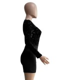 Women Spring Black Sequins Upper Long Sleeve Sexy Rompers