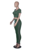Women Summer Green Tight Fitting Crop Top and Pants Casual Two Piece Set