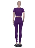 Women Summer Purple Tight Fitting Crop Top and Pants Casual Two Piece Set