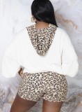 Women Spring White Leopard Print Hoody Top and Shorts Casual Two Piece Set