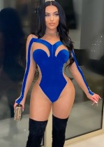 Women Summer Blue Velvet and Mesh Patch Long Sleeve Sexy Jumpsuit