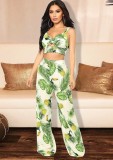 Women Summer Printed Strap Crop Top and High Waist Wide Pants Two Piece Set