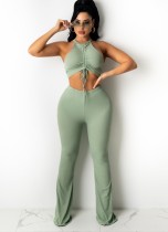 Women Summer Green Halter Strings Crop Top and Pants Two Piece Set