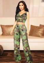 Women Summer Printed Strap Crop Top and High Waist Wide Pants Two Piece Set