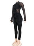 Women Spring Black Sexy Mesh Blouse and Pants Two Piece Set