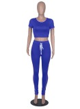 Women Summer Blue Tight Fitting Crop Top and Pants Casual Two Piece Set