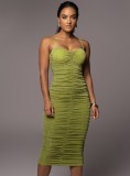 Women Summer Green Sexy Pleated Strap Midi Party Dress