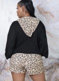 Women Spring Black Leopard Print Hoody Top and Shorts Casual Two Piece Set