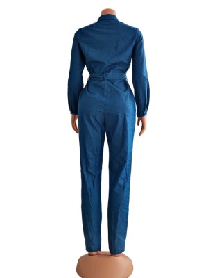 Women Spring Blue Long Sleeve Belted Casual Denim Cargo Jumpsuit