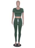 Women Summer Green Tight Fitting Crop Top and Pants Casual Two Piece Set