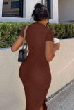 Women Summer Brown Knit Short Sleeves Side Slit Casual Midi Dress