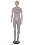 Women Summer Grey Tight Fitting Crop Top and Pants Casual Two Piece Set