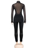 Women Spring Black Sexy Mesh Blouse and Pants Two Piece Set