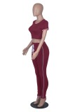 Women Summer Burgunry Tight Fitting Crop Top and Pants Casual Two Piece Set