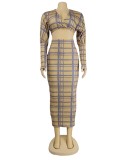 Women Spring Plaid Print Sexy Crop Top and Midi Skirt Two Piece Set