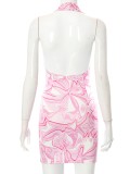 Summer Women Sexy Pink Printed Halter Backless Bodycon Mini Dress