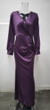 Spring Women Elegant Purple Plunge V-neck Long Sleeve Slim Fit Mermaid Evening Dress