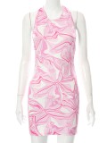 Summer Women Sexy Pink Printed Halter Backless Bodycon Mini Dress