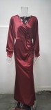 Spring Women Elegant Burgundy Plunge V-neck Long Sleeve Slim Fit Mermaid Evening Dress