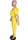 Summer Women Casual Yellow Short Sleeve Crop Hoodies and Sweatpants Two Piece Wholesale Jogger Suit