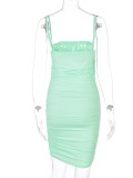 Summer Women Sexy Green Straps Ruched Slim Fit Bodycon Mini Dress