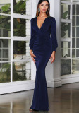 Spring Women Elegant Blue Plunge V-neck Long Sleeve Slim Fit Mermaid Evening Dress