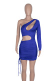 Spring Sexy Blue One Shoulder Long Sleeve Cut Out Draw String Mini Dress