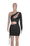 Spring Sexy Black One Shoulder Long Sleeve Cut Out Draw String Mini Dress