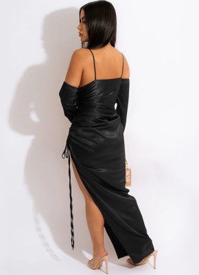 Spring Sexy Black Satin Long Sleeve Off Shoulder Straps Slit Long Dress