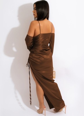 Spring Sexy Tan Satin Long Sleeve Off Shoulder Straps Slit Long Dress