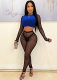 Spring Sexy Blue Contrast Black Rhinestone See Through Round Neck Long Sleeve Crop Top And Pant Wholesale Two Piece Clothing